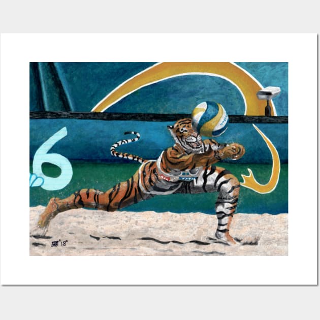Cat Warrior Playing Volleyball Fantasy Artwork Wall Art by Helms Art Creations